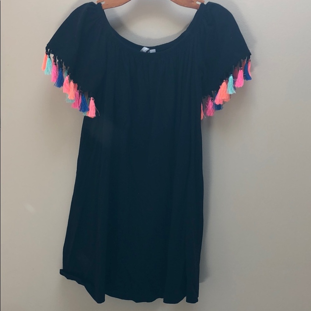 Off the shoulder black tassel dress